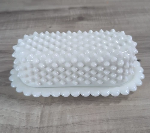 Fenton Hobnail White Milk Glass Butter Dish With Scalloped Edge Vintage