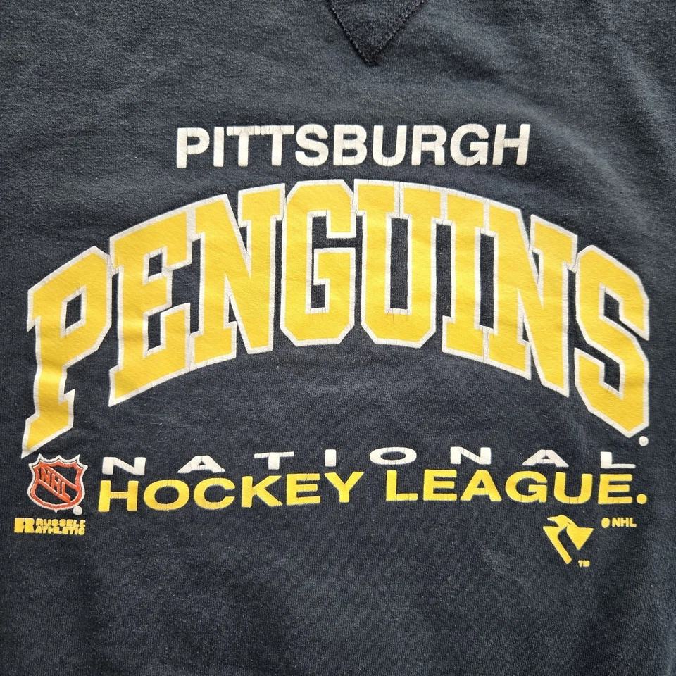 复古 90 年代 Russell 匹兹堡企鹅黑色圆领运动衫 XL 男式 NHL — 第 3/4 张图片