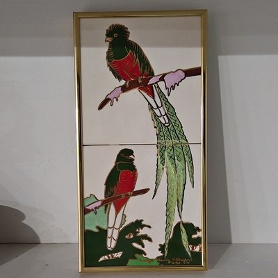 In the Cruz Ceramic Tile Murals Framed Hand-Painted Bird Tile Mural Signed 1940s