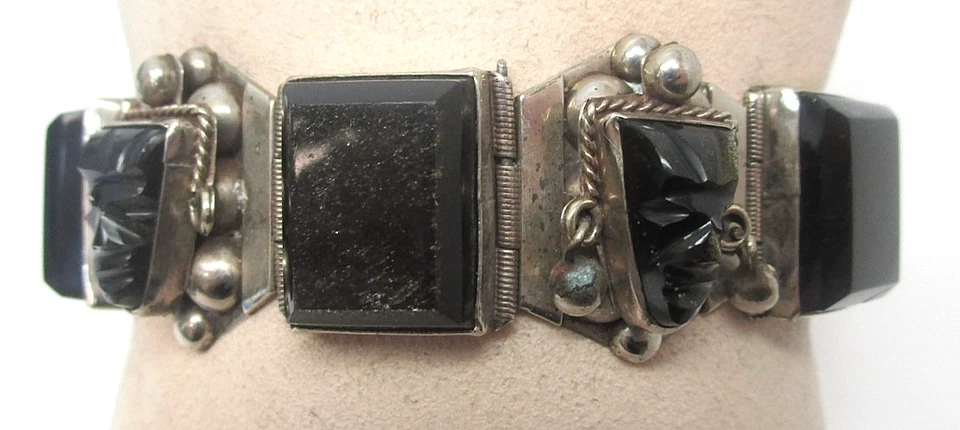 Caras de obsidiana brillantes talladas en plata esterlina de México antiguas firmadas 925 Foto 2 de 4