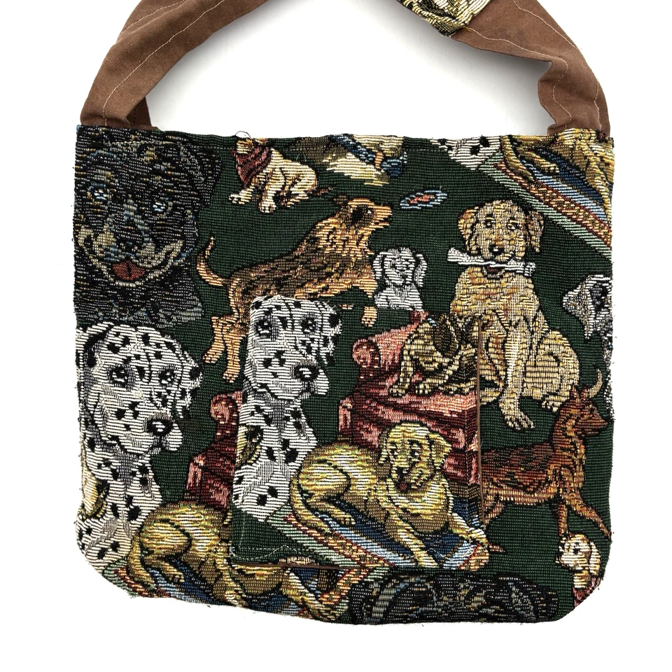 Bolso de hombro pequeño vintage hecho a mano para perros jugando tapiz y algodón 10,5x9" Foto 3 de 4