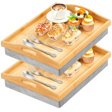 2 Pieces Bamboo Lap Tray with Detachable Pillow 16.9'' x 13'' Lap TV Trays De...