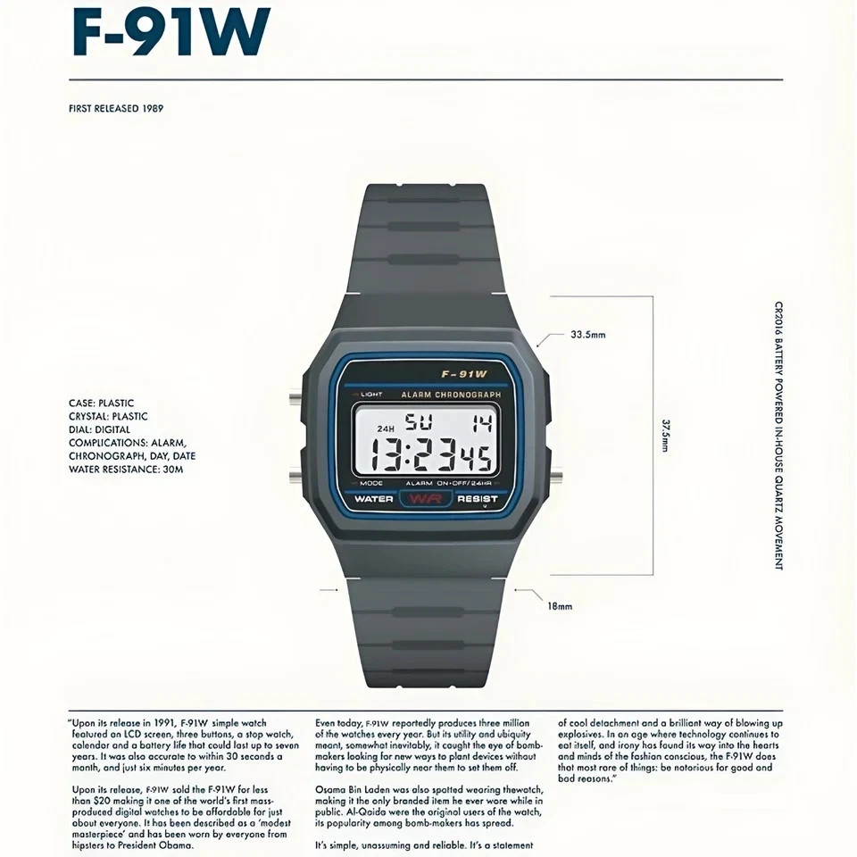 Class Digital Watch F-91W Water Splush F-91W Look with Resin Strap in Black - Image 5