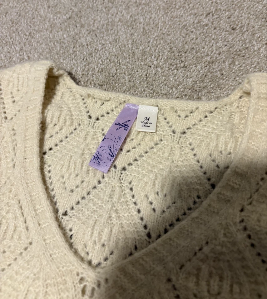 Suéter tejido semi-abierto Francescas Alya para mujer cuello en V manga globo marfil, talla M Foto 4 de 4