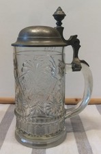 Bierkrug Antik 1900 Pressglas Zinndeckel Spielkarten Frankreich Initialen A.F.