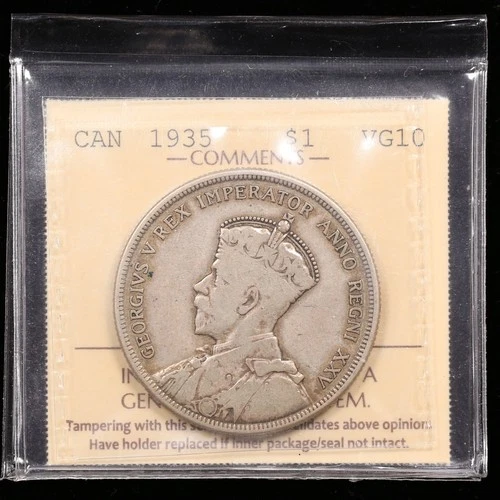 1935 $1 Canada ICCS VG10 Silver Dollar Pocket Piece Lowball Very Good