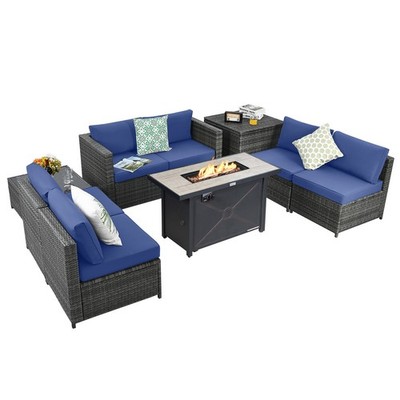 9 PCS Ratio Furniture Set w/ 42'' Fire Pit Table & Coffee Table & Soft Seats Navy