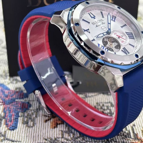 Bulova Marine Star Automatic 98A225 Men's Watch White Dial Red/Blue Rubber Strap - Picture 4 of 12