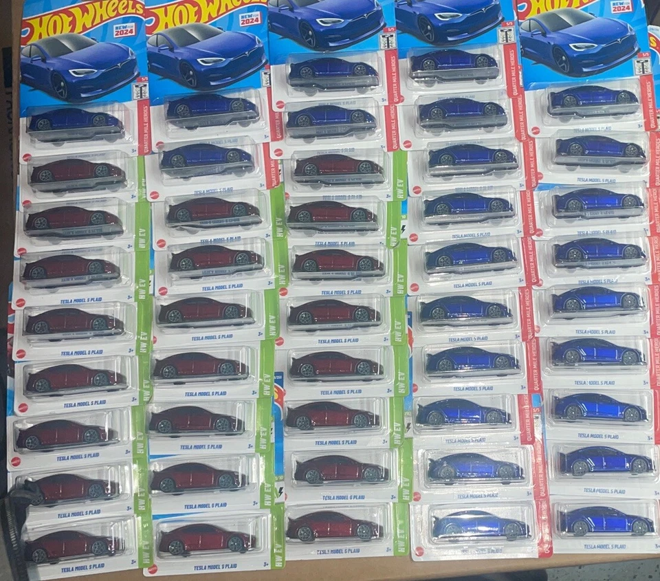 Hot Wheels Tesla Model S Plaid Blue Quarter Mile Heroes HW EV Red Lot of 50 - Image 4 of 4