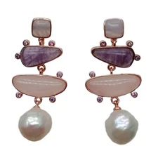 White Pearl Blue chalcedony Rose Quartz Amethyst Dangle Stud Earrings