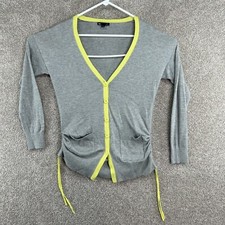 Gap Women's Cardigan Size Medium Gray Long Sleeve Green Trim Button Closure