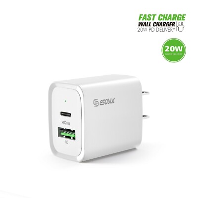 Esoulk White 20W Fast Charger Dual USB C Wall Charger iPhone13/12/X/Galaxy/Note