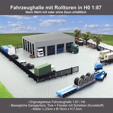 H0 Fahrzeughalle 4 Tore 1:87 mit Zaun & Schiebetor - Lager LKW Halle Werkstatt