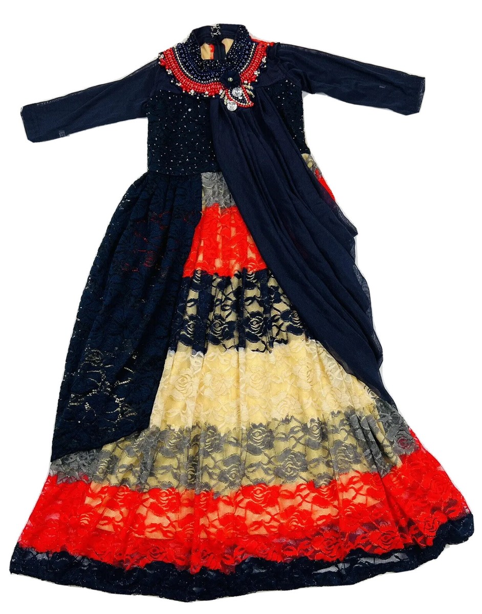 CHILDREN Indian Girl Dress Navy Blue Red Beige Size: India 22 US