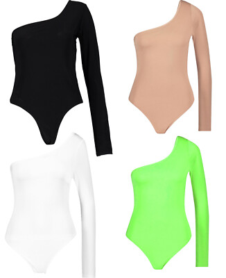 Ladies One Shoulder Long Sleeve Bodysuit Plain Skinny Leotard - Foto 10