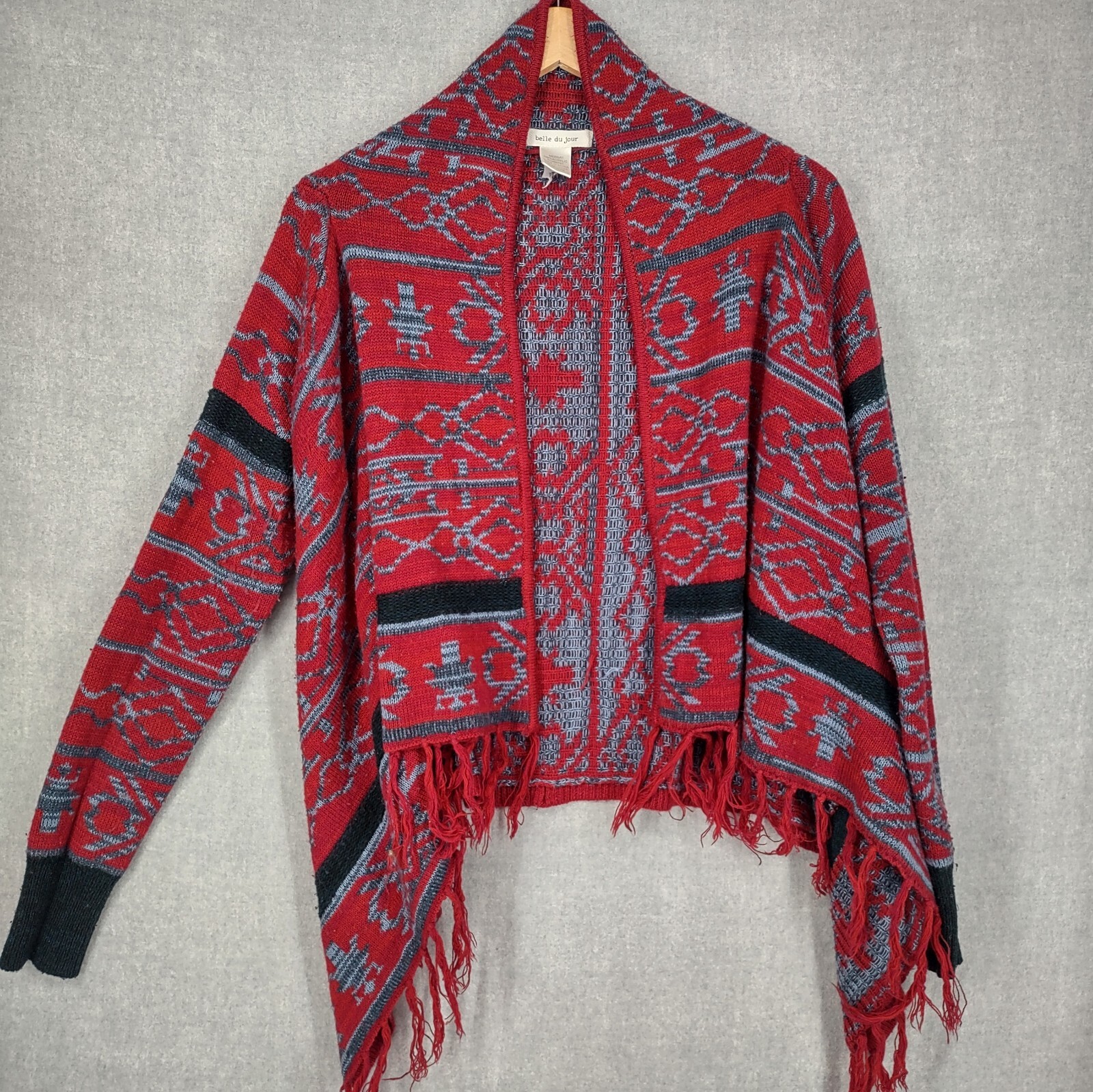 Belle du Jour Sweater Women Medium Red Bohemian Fringe Cardigan Southwest Aztec