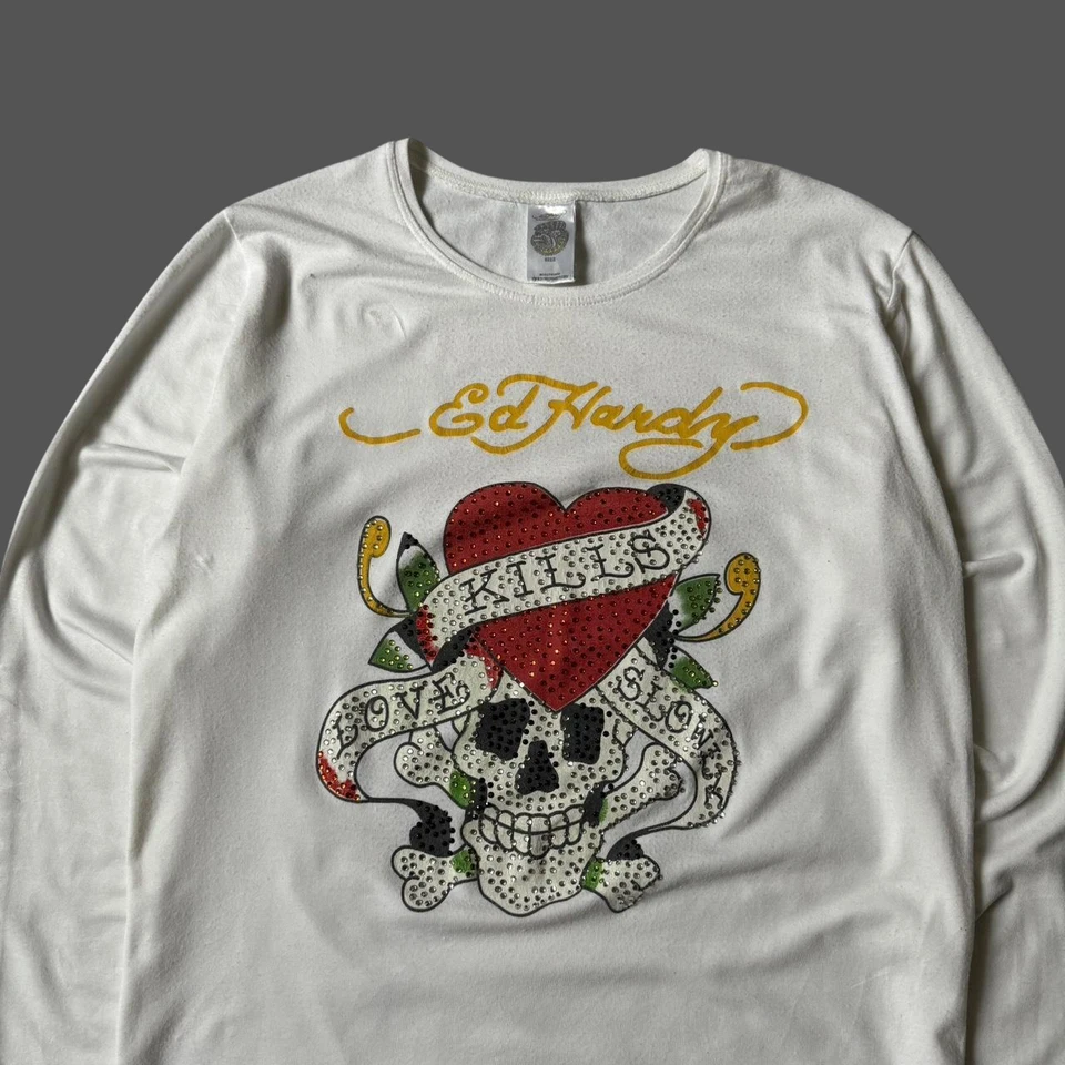 Camiseta De Colección Para Mujer Y2K Ed Hardy Ajustada Elastizada Manga Larga Blanca Talla S Foto 2 de 4