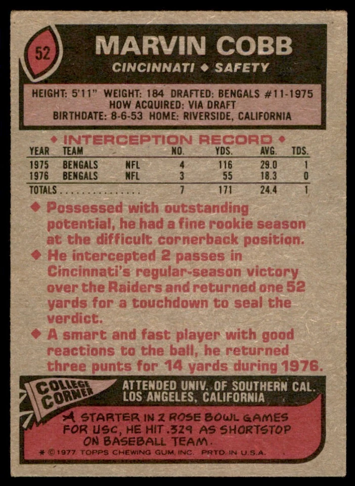 1977 Topps Marvin Cobb Football Card Cincinnati Bengals #52 - Image 2 of 2