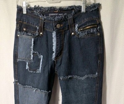 Jeans Womens 5-6 Blue Patchwork Fringe Flared Mid-Rise Gold Thread Goddess NWOT