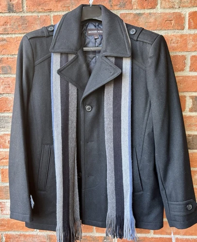 Cappotto uomo Michael Kors misto lana grigio antracite con sciarpa taglia L nuovo con etichetta