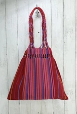 Handmade Hand Woven Cotton Red Rainbow Striped Mexican Tote Bag Boho, Bohemian