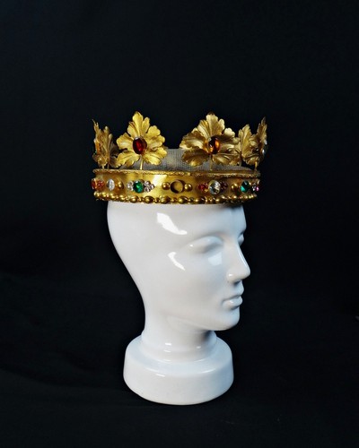 Grande couronne de Vierge en laiton doré et cabochon en verre coloré du XIXème - Picture 3 of 16