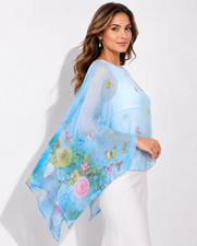 Women's Blue Butterfly Chiffon Cape Shawl Wrap Cover Up Poncho Plus Size Elegant