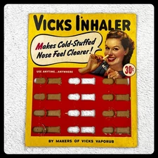 Vintage 1950s Vicks Inhaler Advertising Sign 12" Cardboard Store Counter Display