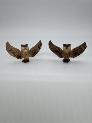 Owl Figurines Miniature Porcelain Wings Out Flying  Sitting  Small Owls Set of 2