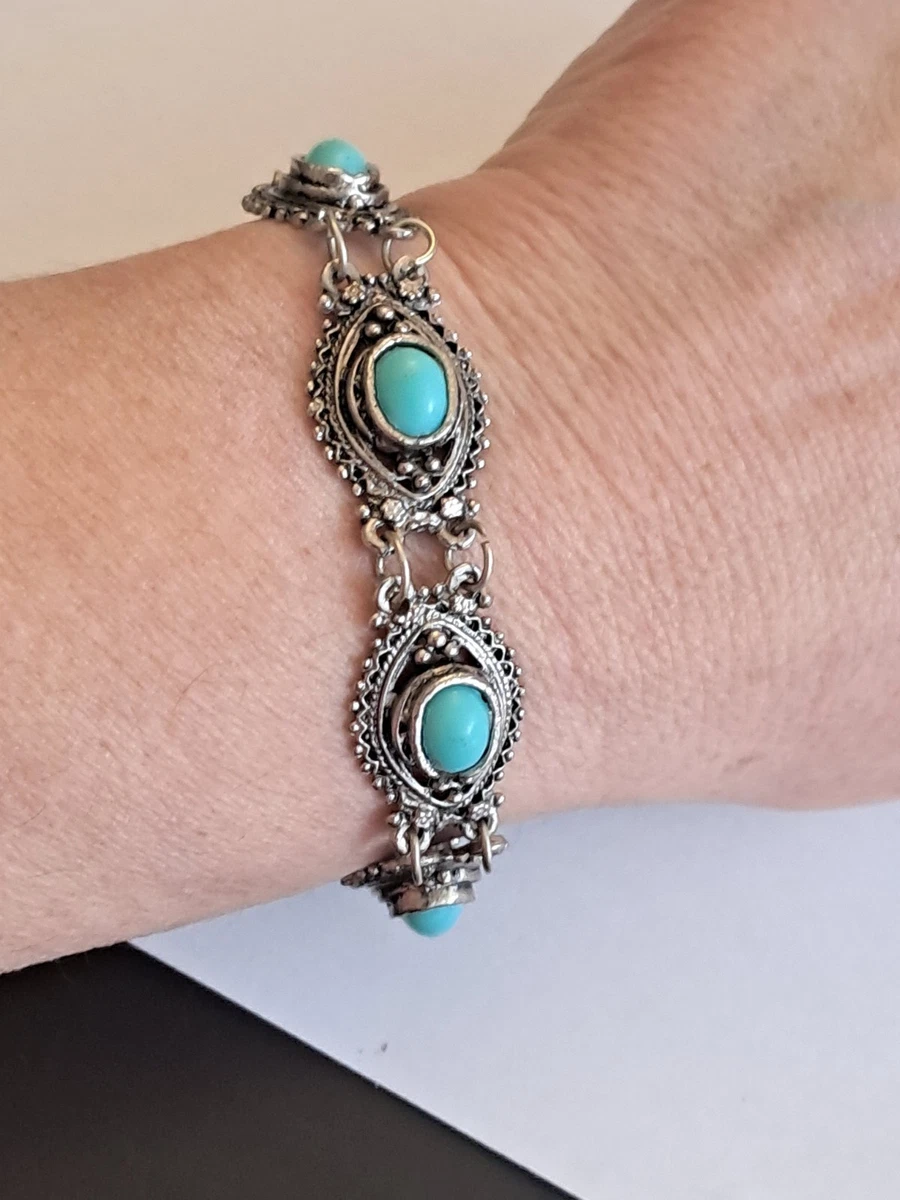 Bracelet Ouvert Argent Niellé Avec Verre Turquoise - Occasion En état Neuf