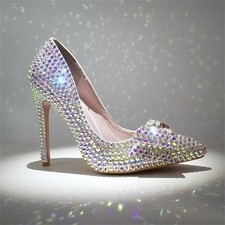 Women's Rhinestones High Heels Stiletto Slip On Wedding Party Satin Dress Shoes