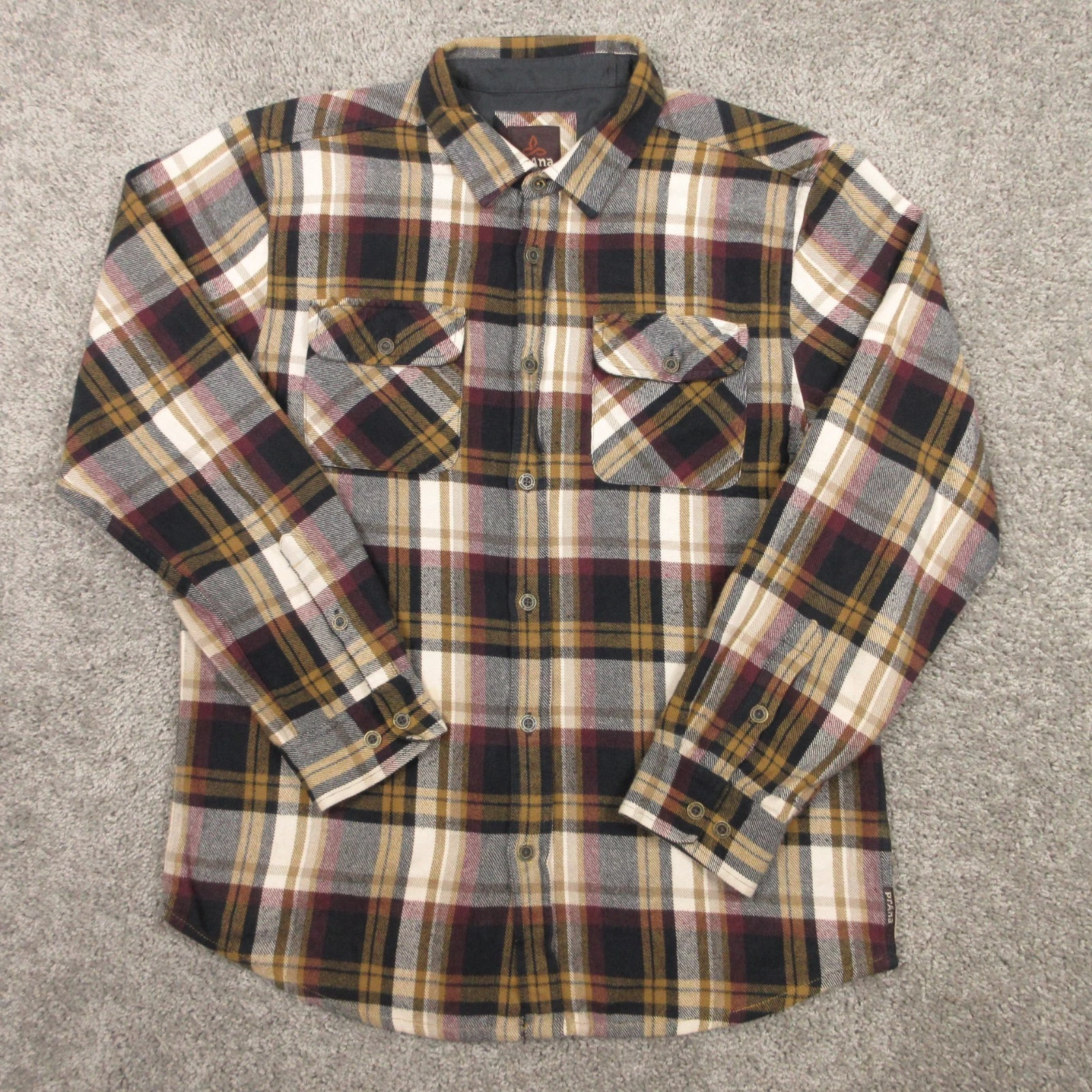 prAna Shirt Men Large Brown Plaid Twill Flannel Thick Outdoor Workwear Button Up