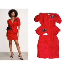 Argenti Vintage Red Jacquard Silk Peplum Top and Skirt Set Sequined Applique 12