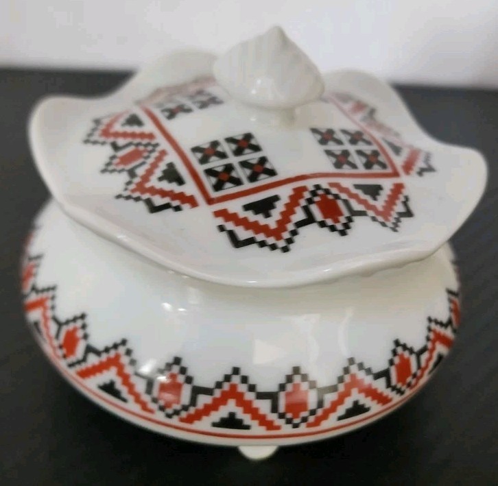 Vintage Ukranian Porcelain Covered Trinket Dish, Hand Painted Art by Marusia