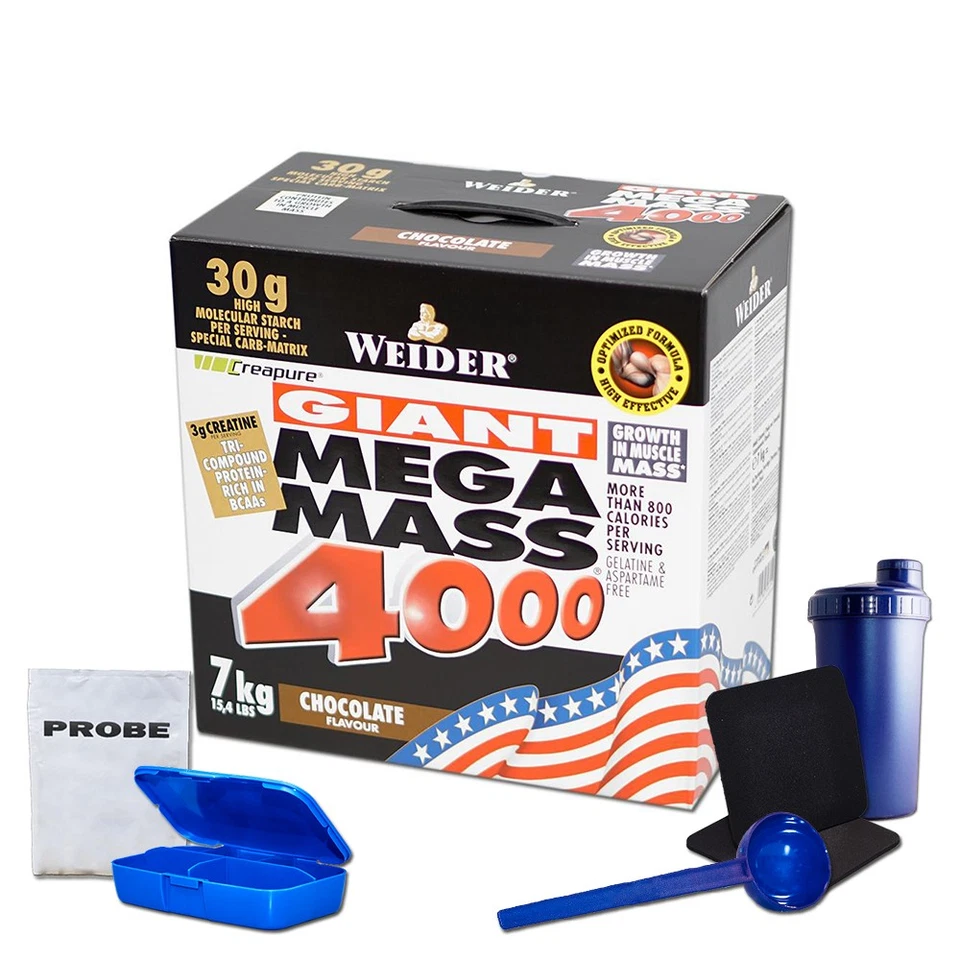 (12,85 EUR/kg) Weider Mega Mass 4000 7000g scatola proteine aminoacidi + bonus