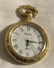 Vintage Armitron Ladies Pocket Watch Pendant, Floral Gold Tone Print