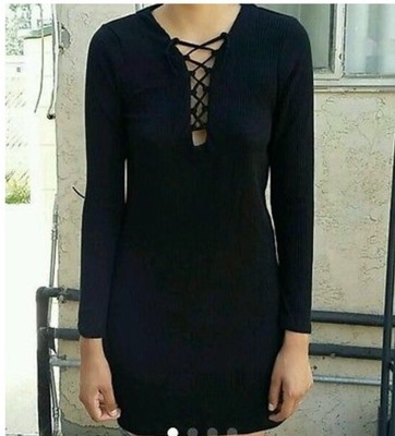 long sleeve ribbed lace up dress 