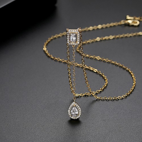 Copper Zircon Pendant Gold Plated Necklace Simple Fashion Water Drop Jewelry US - Picture 8 of 8