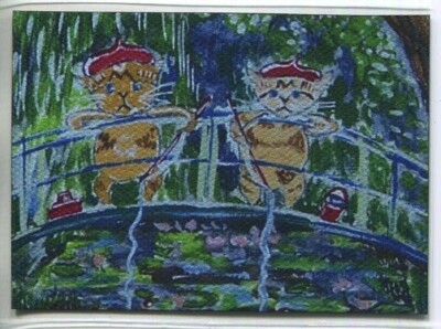 Aceo Cats Fishing Monet Style Modern Contemporary High Quality Gilcee Print