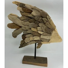 Handcrafted Driftwood Fish Sculpture Nautical Tiki Bar Decor 16.25” x 14” x 3”