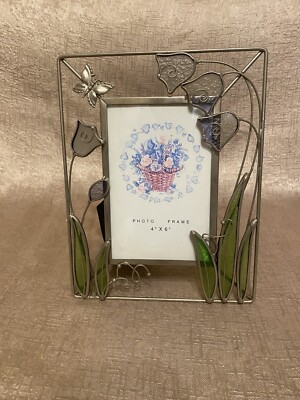 Vintage Silberdraht Bilderrahmen mit Glas Blumen Metall Schmetterlinge 18 cm x 23 cm