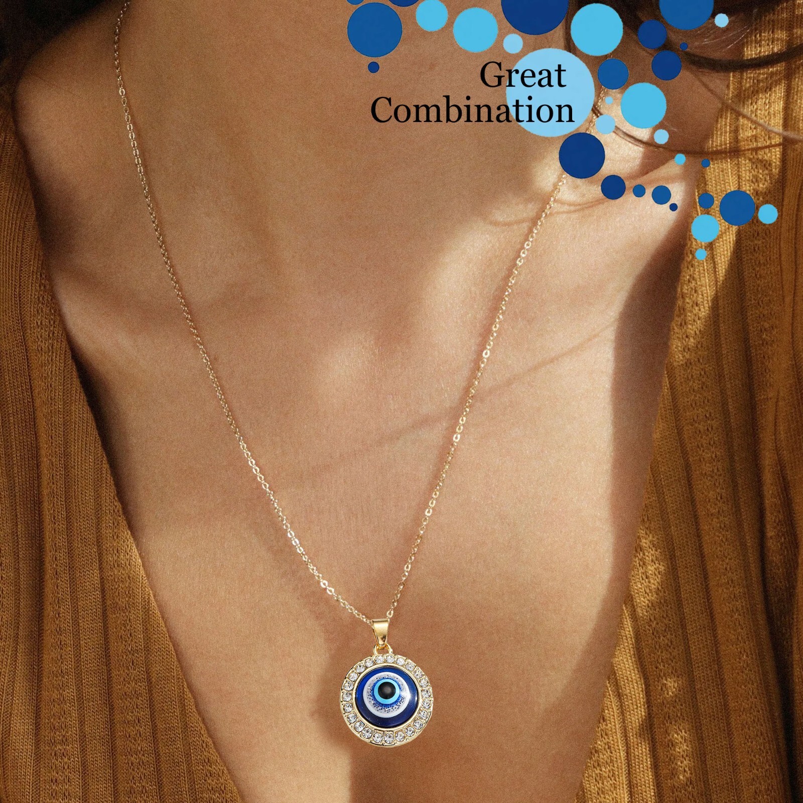 Collana in lega malocchio blu e collana zirconi ciondolo orecchino set oro e argento foto 4