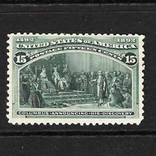 US Scott # 238 Unused No Gum, 15 cent, Columbian, dark green, F/VF, clean/sound