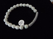 KINSLY ARMELLE HOWITE BEADS w SILVER TONE BAR RHINESTONE STRETCH BRACELET  #4/8K