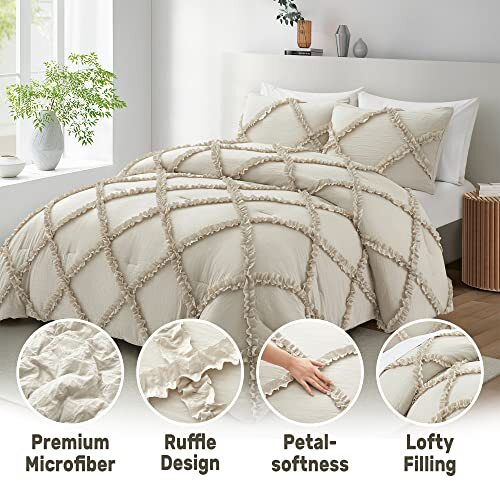 Comforter Set Size – 3 Piece Farmhouse Bedding Set Cover Ruffle & King Wheat - Picture 3 of 7