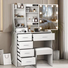 White Vanity Table Set with Sliding LED Mirror & Charging Station Dressing Desk
