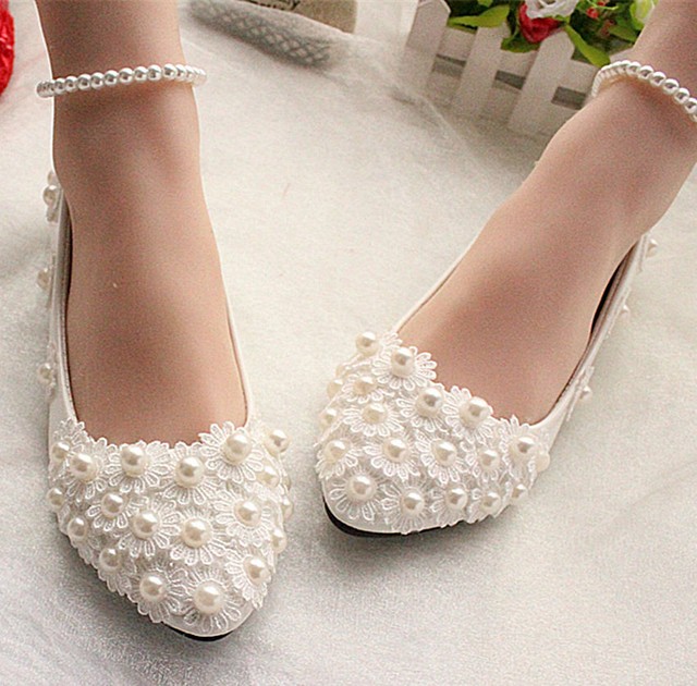 Lace Pearl Bridal Wedding Shoes BridesmadesFlats Low High Heel Pump
