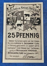 BERNCASTEL-CUES NOTGELD 25 PFENNIG 1920 EMERGENCY MONEY GERMANY [🇩🇪35109]