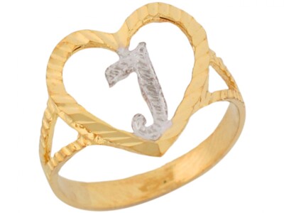 10k or 14k Two Tone Gold Fancy Script Letter I Beautiful Heart Initial Ring