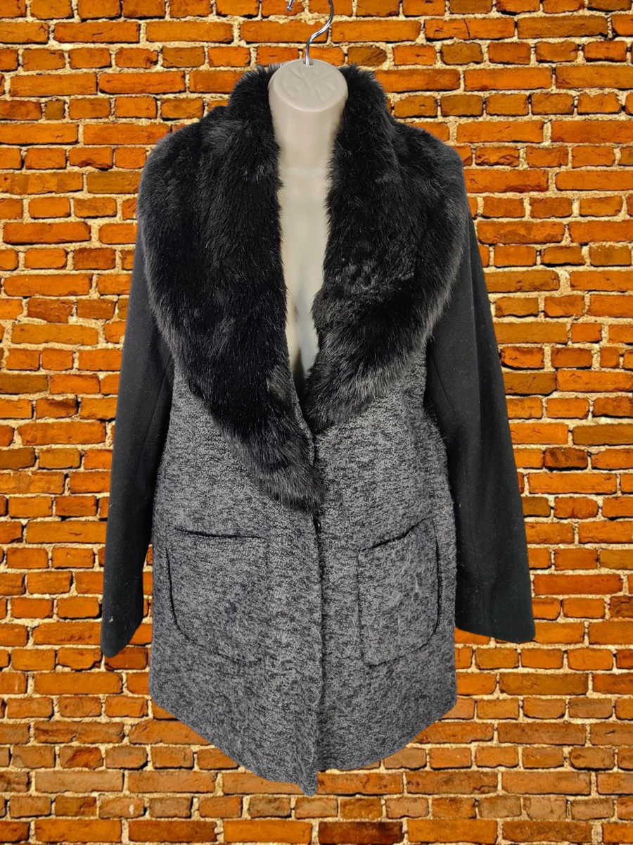 WOMENS SOUTH BLACK GREY WOVEN FUR COLLAR COAT JACKET LINED SMART
